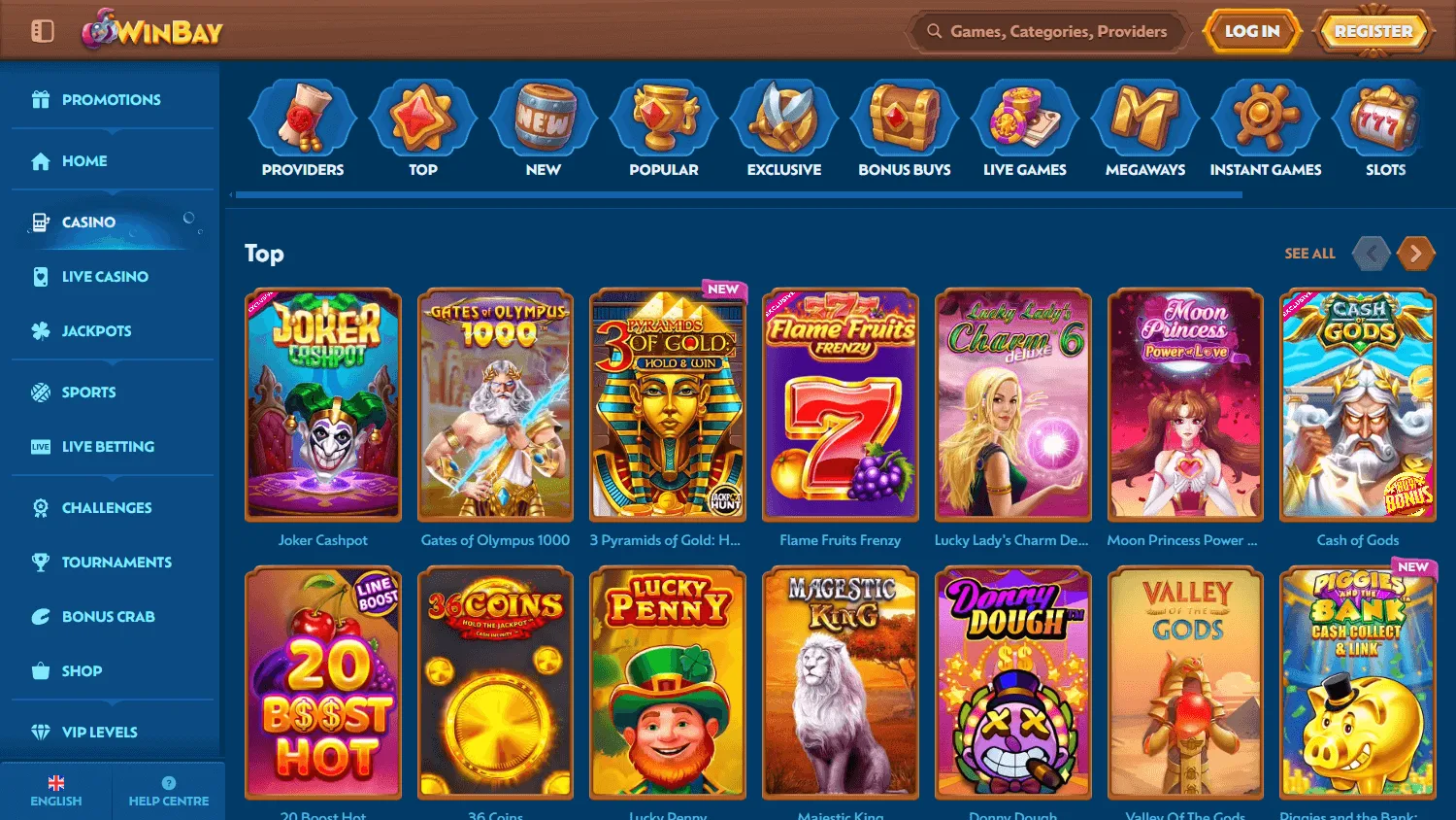 Winbay Casino games screen on desktop