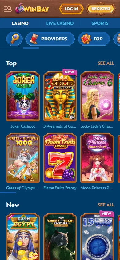 Winbay Casino games screen on a mobile browser
