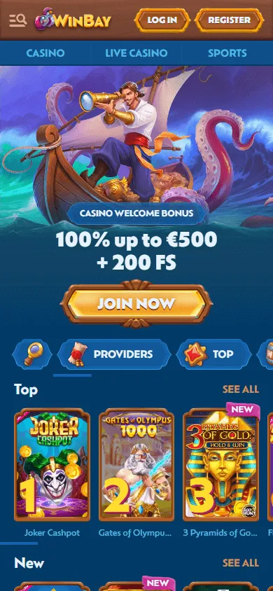 Winbay Casino home screen on a mobile browser