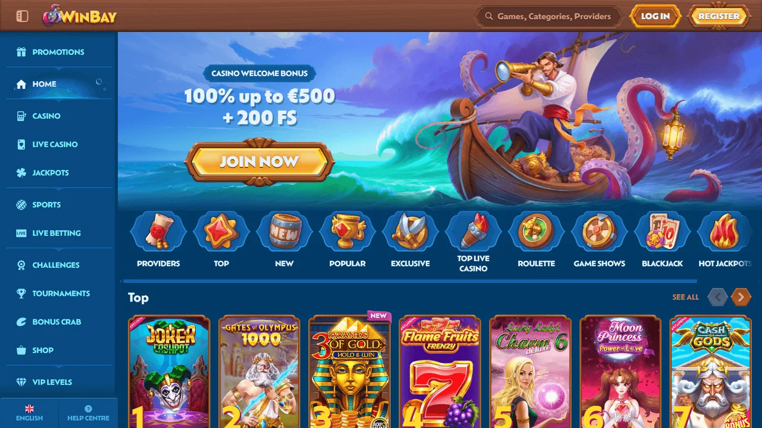Winbay Casino home screen on desktop