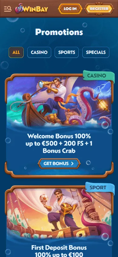 Winbay Casino promotions screen on a mobile browser